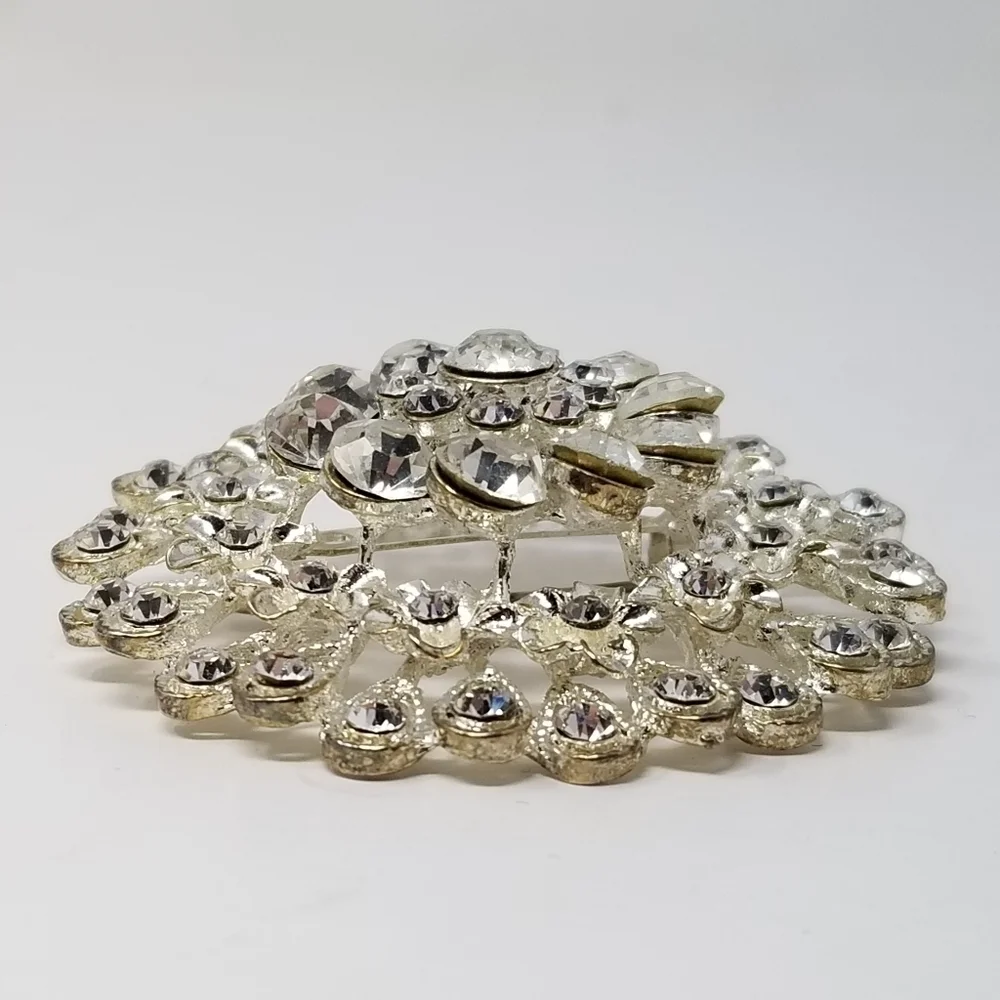 Large Clear Rhinestone Brooch Tiered Silver Tone Round 3D Flower Pin Teardrop